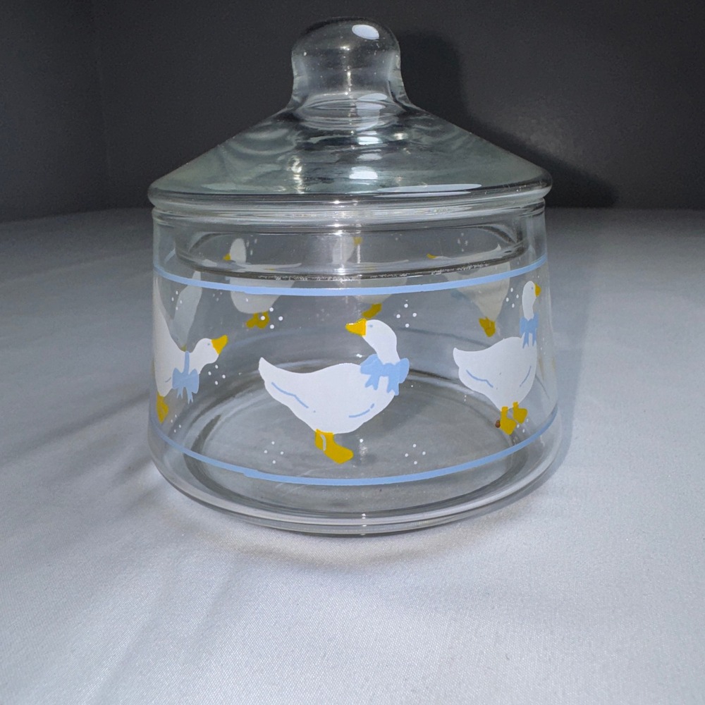 Vintage Clear Glass Goose Canister Jar with Lid White Geese Blue Bows 4.5 Inch